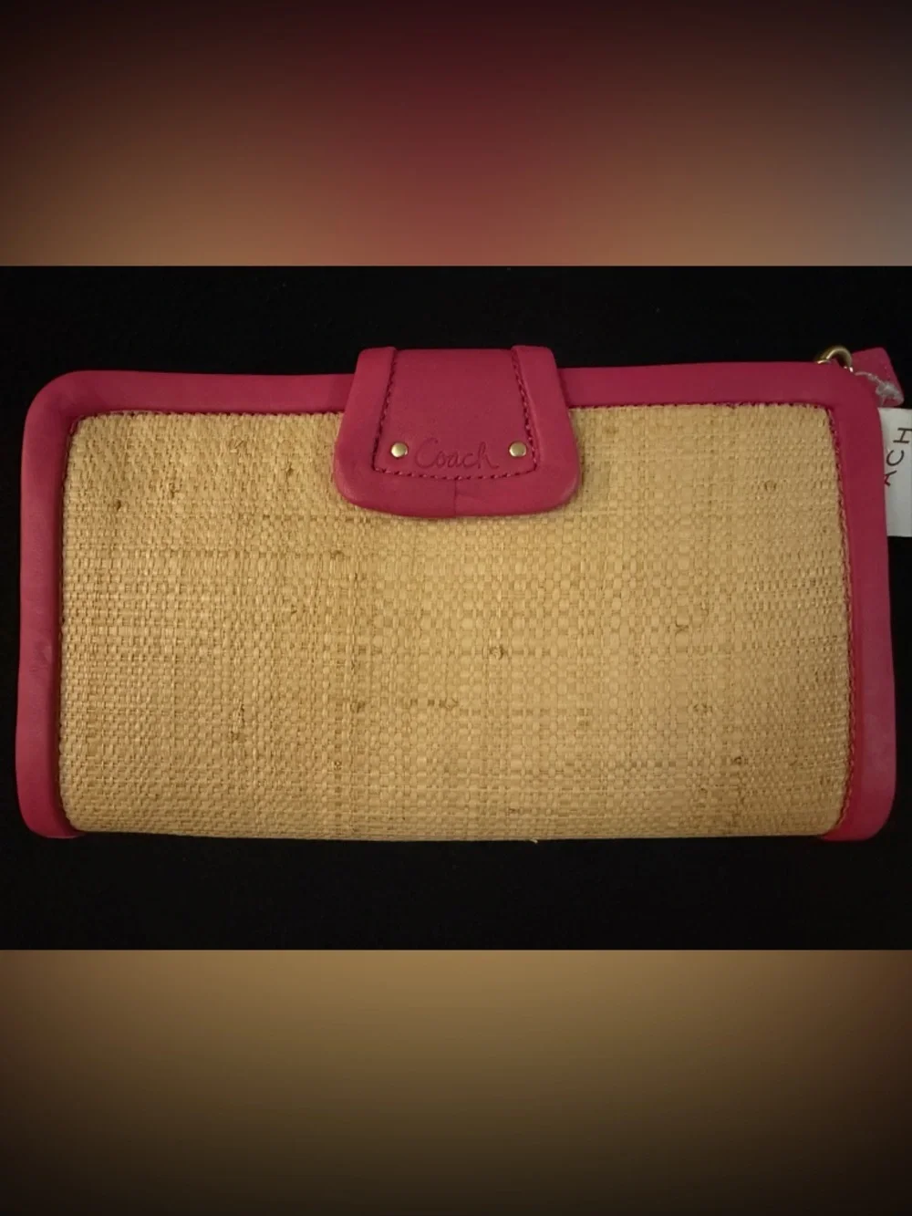 NWT COACH Pink leather Trim Straw Wristlet clutch bag - Picture 2 of 6